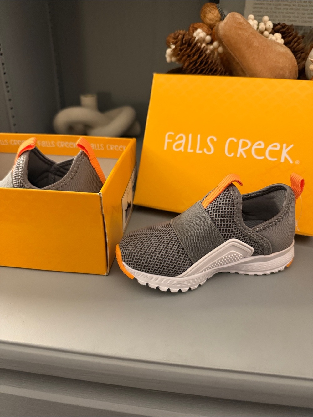 7 Falls Creek Grey Slip-On Sneakers with Orange Trim for Kids
